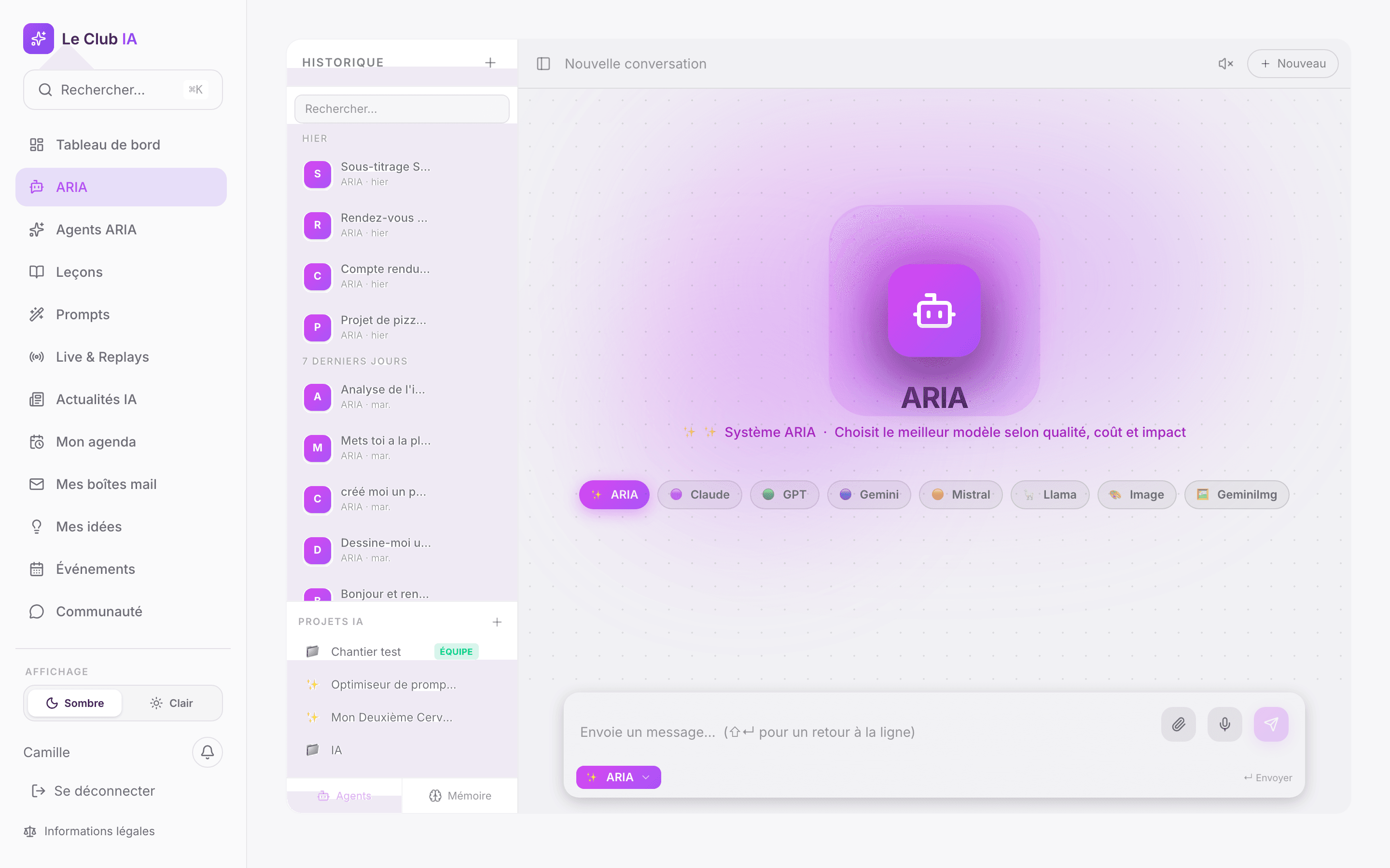 L'espace ARIA : une conversation, les modèles disponibles et les projets