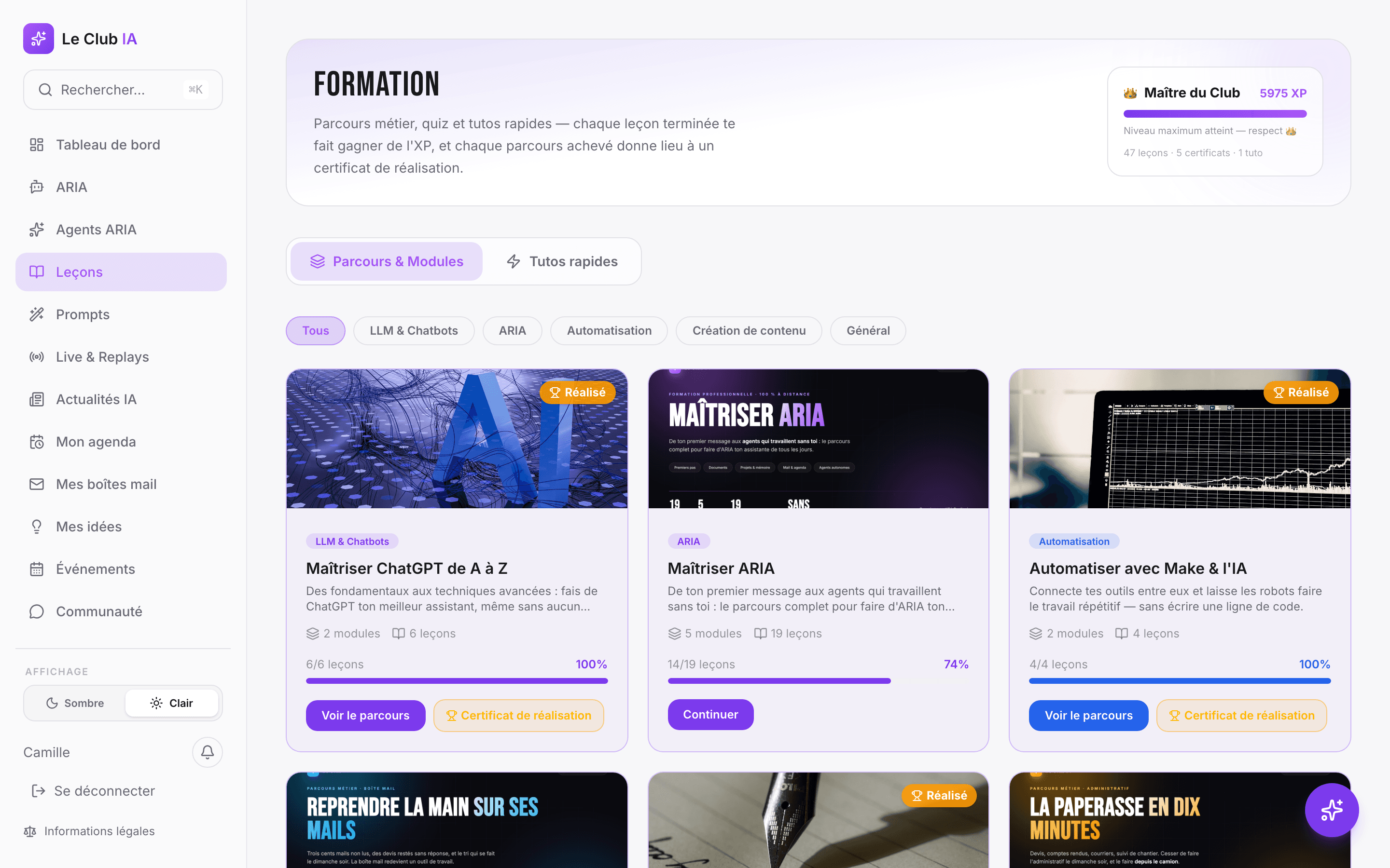 Les parcours de formation, leur avancement et les certificats